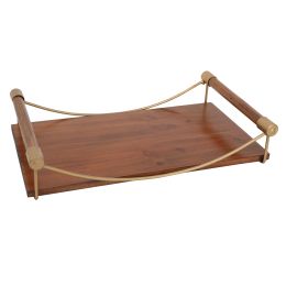 15 Inch Rectangular Wood Serving Tray with Matte Gold Trim; Brown