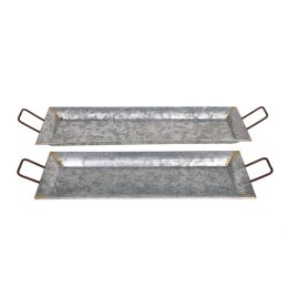 Rectangular Shaped Metal Galvanized Trays; Set Of 2; Silver