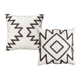 17 x 17 Inch 2 Piece Square Cotton Accent Throw Pillow Set with Modern Geometric Aztec Design Embroidery; White; Gray