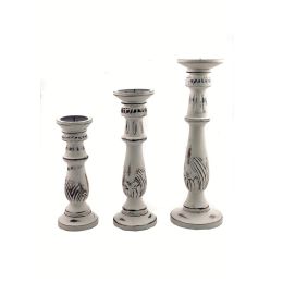 Benzara Distressed Mango Wood Pillar Shaped Candle holder; Set of 3; White