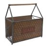 Wood and Metal Frame Basket with Handle and Typography; Brown and Gray