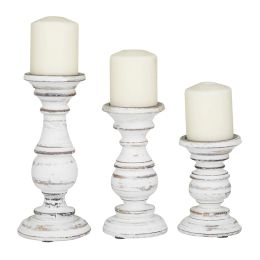 Turned Design Wooden Candle Holder with Distressed Details; Set of 3; White