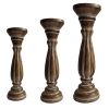 Handmade Wooden Candle Holder with Pillar Base Support; Distressed Brown; Set of 3