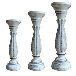 Handmade Wooden Candle Holder with Pillar Base Support; Distressed White; Set of 3