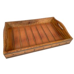 18 Inch Handcrafted Rectangular Mango Wood Decorative Serving Tray; Rivet Accents; Metal Trim; Natural Brown