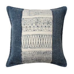 18 x 18 Square Handwoven Accent Throw Pillow; Polycotton Dhurrie; Kilim Pattern; White; Blue; DunaWest