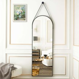 48" x 16" Arched Full Length Wall Mirror with Leather Strap; Gold