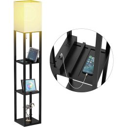 Floor Lamp with Shelf; Solid Wood Shelf Floor Lamp with 2 Charging Ports and 1 Power Outlet; Bedroom Floor Lamp; Living Room Lamp; Matte Black