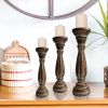 Handmade Wooden Candle Holder with Pillar Base Support; Distressed Brown; Set of 3