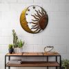 21 Inch Handcrafted Sun and Moon Accent Wall Decor; Round Metal Wall Mount; Rustic Gold; Bronze