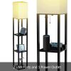 Floor Lamp with Shelf; Solid Wood Shelf Floor Lamp with 2 Charging Ports and 1 Power Outlet; Bedroom Floor Lamp; Living Room Lamp; Matte Black