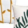 17 x 17 Inch 2 Piece Square Cotton Accent Throw Pillow Set; Leaf Embroidery; White; Green; Yellow