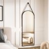 48" x 16" Arched Full Length Wall Mirror with Leather Strap; Gold