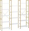 5 tier gold and white bookshelf; triple open display shelf; large storage bookcase with metal frame