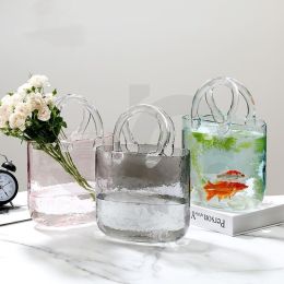 Creative transparent glass handbag fish tank vase decoration living room flower arrangement hydroponic decoration fish tank vase (Color: light green)