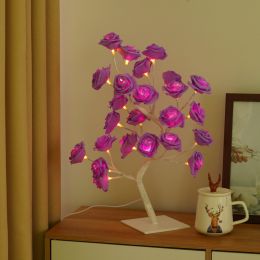 Best-selling Detachable Plastic Base USB Switch LED Simulation Rose Tree Lamp Home Decoration Night Light (Color: white base purple rose)