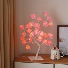 Best-selling Detachable Plastic Base USB Switch LED Simulation Rose Tree Lamp Home Decoration Night Light (Color: white base pink rose)