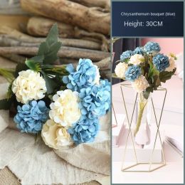 Nordic ins geometric vase light luxury metal iron decoration living room flower arrangement creative household glass flower rack decoration (size: Chrysanthemum bouquet (blue, without vase))