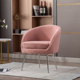 Soft Teddy Fabric Accent Armchair Dining Chair With Shining Electroplated Chrome Legs (Color: Pink Teddy)