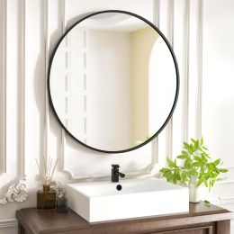 24" Wall Mirror Bathroom Mirror Wall Mounted Round Mirror; Black (Color: Black, Material: Glass)